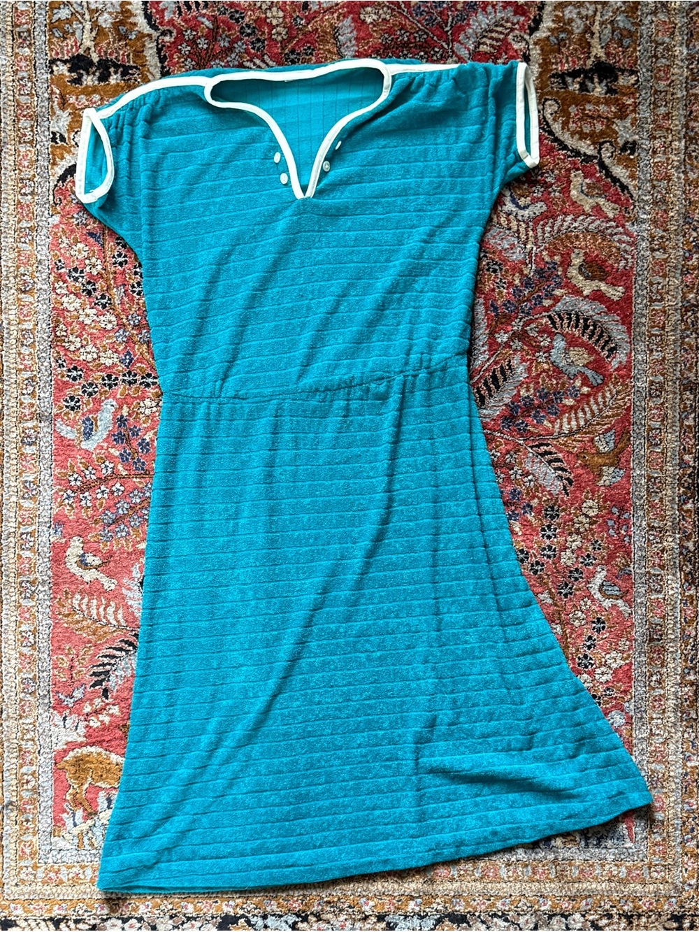 Vtg Teal Knit Dress with White Trim